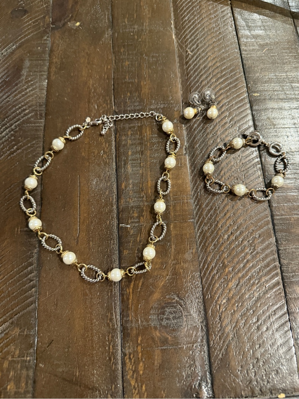 Premier Designs Silver-Tone Link Necklace Set with Cream Beads